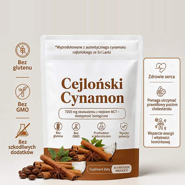 Opakowanie CEYLON: cynamon cejloński, równowartość 7 200 mg z olejem MCT, 30 kapsułek