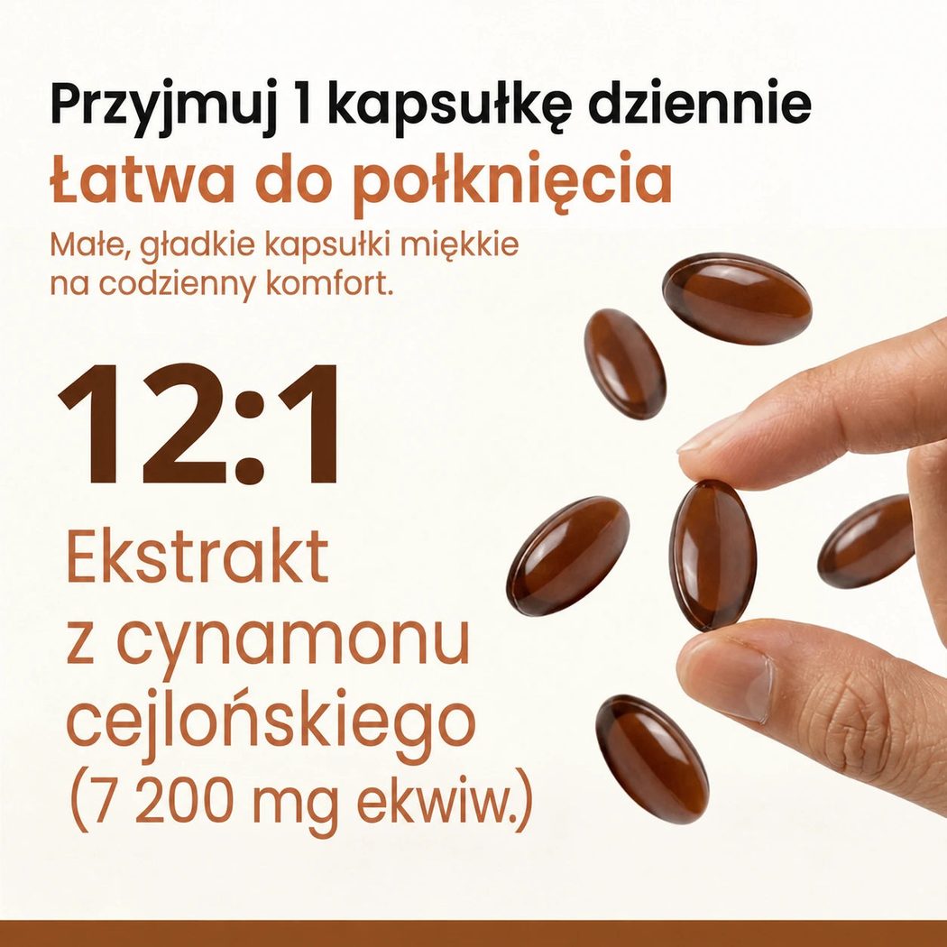 Jedna kapsułka dziennie: ekstrakt z cynamonu cejlońskiego 12:1, równowartość 7 200 mg