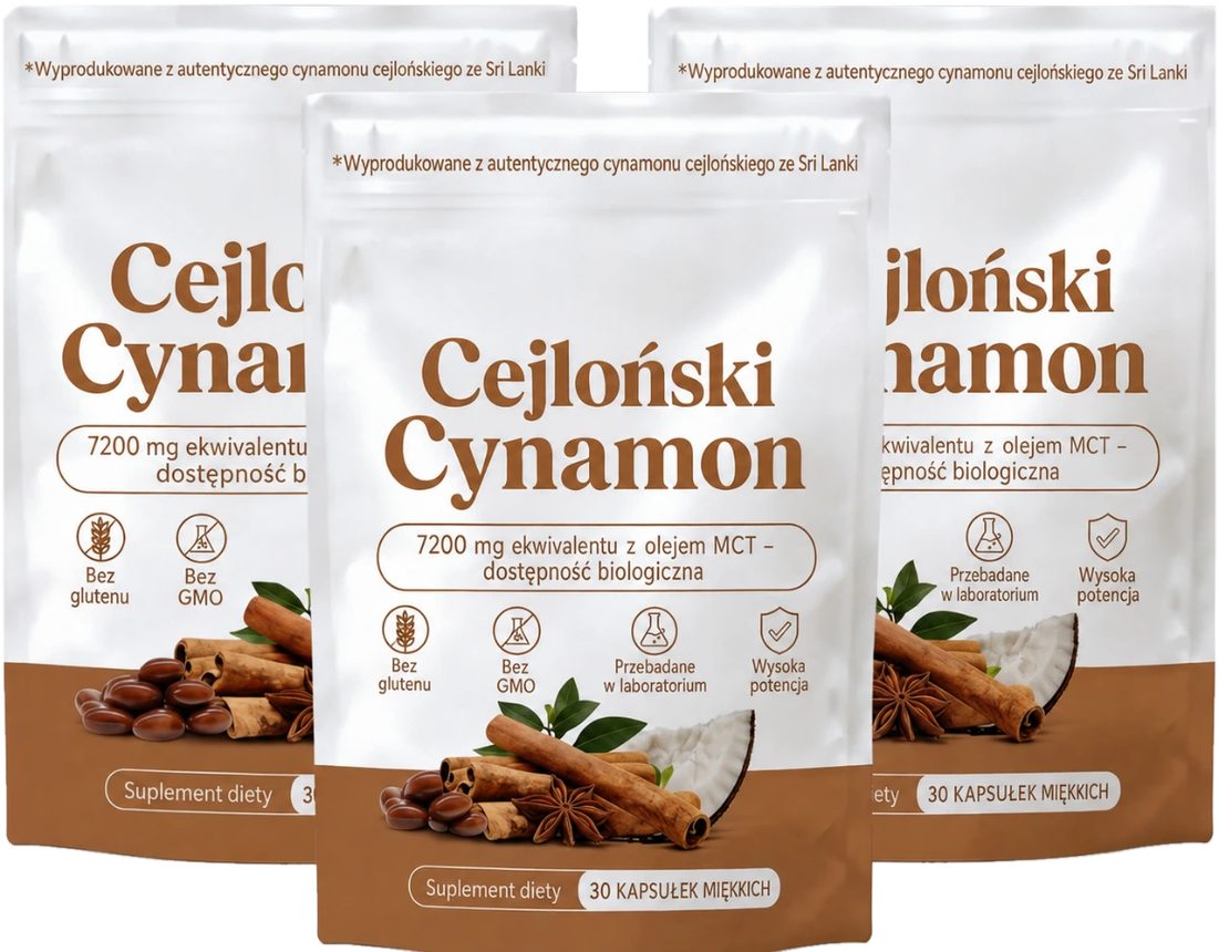Trzy opakowania Cejlońskiego Cynamonu 7200 mg z olejem MCT